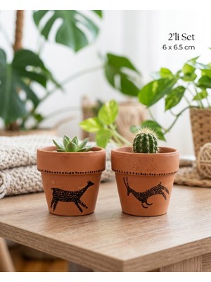Cogo Ceramic 2 Li Saksı Set Kadim Hikayeler Mağara Sembolleri 6 cm El Yapımı Terracotta Saksı - Dağ Keçisi & Ceylan Figürlü Toprak Sukulent Kaktüs Saksısı