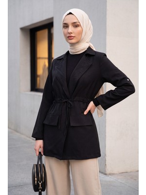 Moda Morfo Tünel Bağcıklı Cep Detaylı Keten Görünümlü Kimono -Siyah
