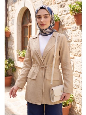Moda Morfo Tünel Bağcıklı Cep Detaylı Keten Görünümlü Kimono -Vizon