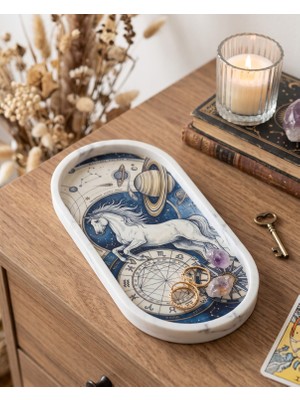 Beyaz At / Mitolojik & Astroloji Temalı Oval Dekoratif Tepsi – Taş Tozu Döküm Takı / Anahtarlık Tepsisi (23X11 Cm)Cogo Ceramic