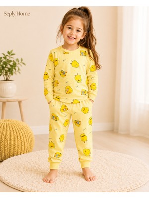 Seply Home Kız Çocuk Pijama Takımı %100 Pamuk Civciv Desenli Uzun Kollu Uzun Alt