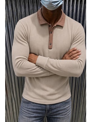 Oksit Sayz Erkek Ribanalı Polo Yaka Uzun Kollu Tişört - Kontrast Yaka Slim Fit Düğmeli Sweatshirt