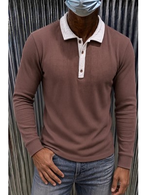 Oksit Sayz Erkek Ribanalı Polo Yaka Uzun Kollu Tişört - Kontrast Yaka Slim Fit Düğmeli Sweatshirt
