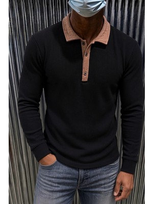 Oksit Sayz Erkek Ribanalı Polo Yaka Uzun Kollu Tişört - Kontrast Yaka Slim Fit Düğmeli Sweatshirt