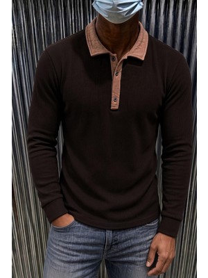 Oksit Sayz Erkek Ribanalı Polo Yaka Uzun Kollu Tişört - Kontrast Yaka Slim Fit Düğmeli Sweatshirt