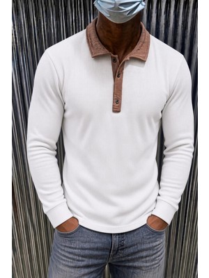 Oksit Sayz Erkek Ribanalı Polo Yaka Uzun Kollu Tişört - Kontrast Yaka Slim Fit Düğmeli Sweatshirt