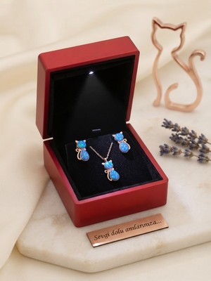 Papatya Silver 925 Ayar Gümüş Minimalist,zarif Rose Opal Kedi Kolye Küpe Set