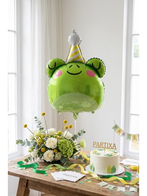 Partixa Şapkalı Safari Kurbağa Kafa Folyo Balon 73X52 cm Safari Temalı Çocuk Doğum Günü Parti Süsü