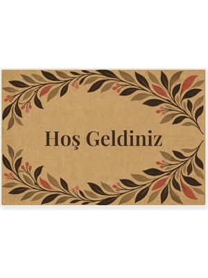 Kartela Halı Hoş Geldiniz Yazılı Yaprak Desenli Kapı Paspası Koko Kaymaz Kauçuk Taban 40X60 cm