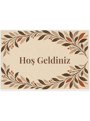 Kartela Halı Hoş Geldiniz Yazılı Yaprak Desenli Kapı Paspası Bej Kaymaz Kauçuk Taban 40X60 cm