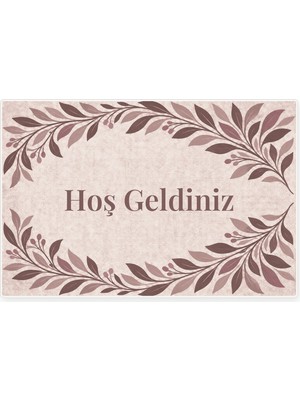 Kartela Halı Hoş Geldiniz Yazılı Yaprak Desenli Kapı Paspası Gül Kurusu Kaymaz Kauçuk Taban 40X60 cm