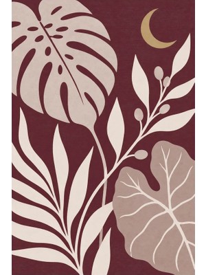 Kartela Halı Gece Bahçesi Yaprak Desenli Halı Bordo Kaymaz Taban Makinede Yıkanabilir 60X90 cm