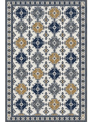 Kartela Halı Afgan Türkmen Desenli Otantik Halı Lacivert Kaymaz Taban Makinede Yıkanabilir 60X90 cm