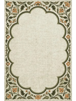 Kartela Halı Bulut Çerçeveli Klasik Halı Zeytin Kaymaz Taban Makinede Yıkanabilir 60X90 cm