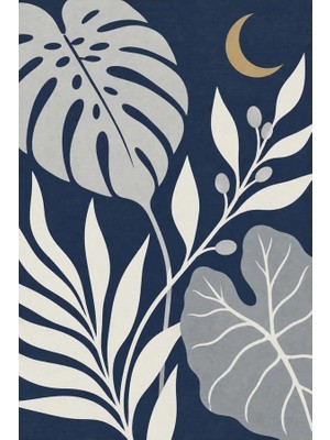 Kartela Halı Gece Bahçesi Yaprak Desenli Halı Lacivert Kaymaz Taban Makinede Yıkanabilir 60X90 cm