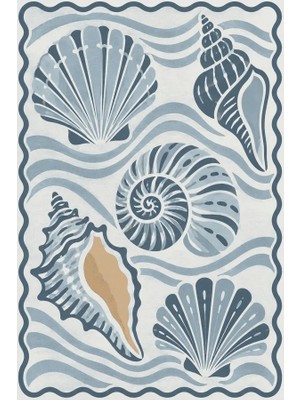 Kartela Halı Deniz Kabuğu Desenli Halı Mavi Kaymaz Taban Makinede Yıkanabilir Salon Halısı 60X90 cm