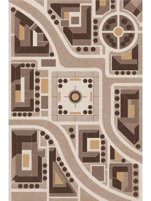 Kartela Halı Şehir Planı Geometrik Halı Kahverengi Kaymaz Taban Makinede Yıkanabilir 60X90 cm