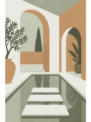 Kartela Halı Avlu Mimari Desenli Modern Halı Adaçayı Yeşili Kaymaz Taban 60X90 cm