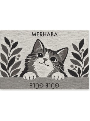 Kartela Halı Merhaba Güle Güle Kedili Kapı Paspası Antrasit Kaymaz Kauçuk Taban Yıkanabilir 40X60 cm