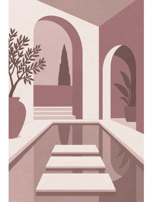 Kartela Halı Avlu Mimari Desenli Modern Halı Gül Kurusu Kaymaz Taban Makinede Yıkanabilir 60X90 cm
