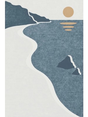 Kartela Halı Kıyı Deniz Manzaralı Modern Halı Mavi Kaymaz Taban Makinede Yıkanabilir 60X90 cm
