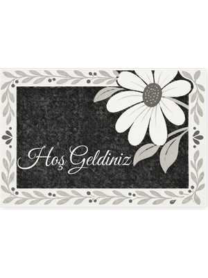 Kartela Halı Hoş Geldiniz Yazılı Papatyalı Kapı Paspası Siyah Beyaz Kaymaz Kauçuk Taban 40X60 cm
