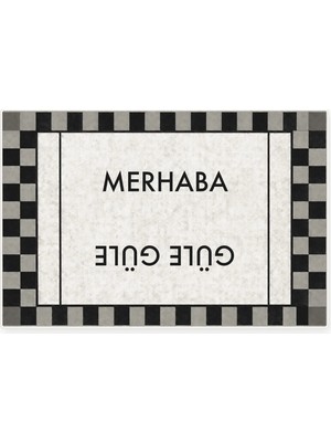 Kartela Halı Merhaba Güle Güle Damalı Kapı Paspası Siyah Beyaz Kaymaz Kauçuk Taban 40X60 cm