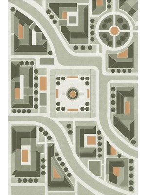 Kartela Halı Şehir Planı Geometrik Halı Adaçayı Yeşili Kaymaz Taban Makinede Yıkanabilir 60X90 cm