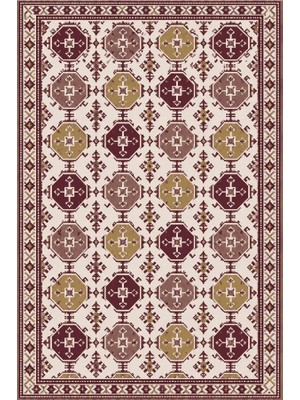 Kartela Halı Afgan Türkmen Desenli Otantik Halı Bordo Kaymaz Taban Makinede Yıkanabilir 60X90 cm