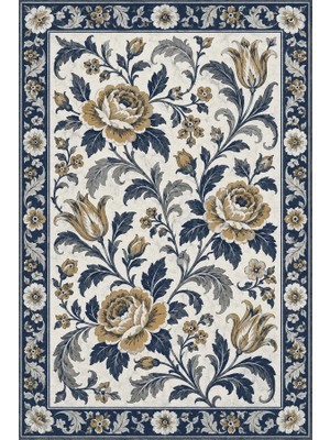 Kartela Halı Vintage Çiçek Bordürlü Halı Lacivert Kaymaz Taban Makinede Yıkanabilir 60X90 cm