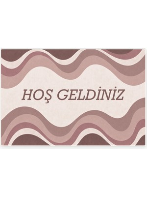Kartela Halı Hoş Geldiniz Yazılı Retro Dalga Kapı Paspası Gül Kurusu Kaymaz Kauçuk Taban 40X60 cm