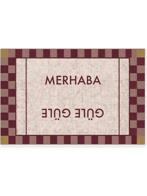 Kartela Halı Merhaba Güle Güle Damalı Kapı Paspası Bordo Kaymaz Kauçuk Taban Yıkanabilir 40X60 cm
