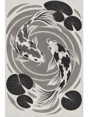 Kartela Halı Koi Balığı Desenli Halı Antrasit Kaymaz Taban Makinede Yıkanabilir 60X90 cm