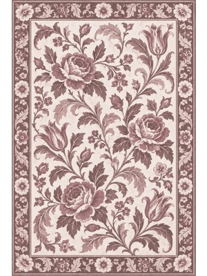 Kartela Halı Vintage Çiçek Bordürlü Halı Gül Kurusu Kaymaz Taban Makinede Yıkanabilir 60X90 cm