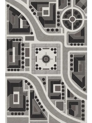 Kartela Halı Şehir Planı Geometrik Halı Antrasit Kaymaz Taban Makinede Yıkanabilir 60X90 cm