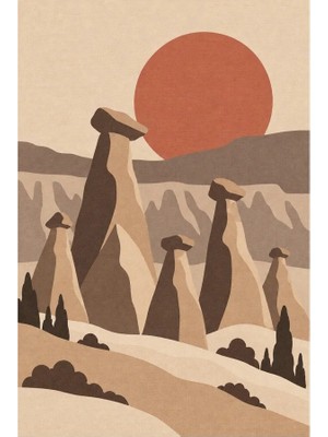 Kartela Halı Kapadokya Peri Bacası Desenli Halı Bej Kaymaz Taban Makinede Yıkanabilir 60X90 cm