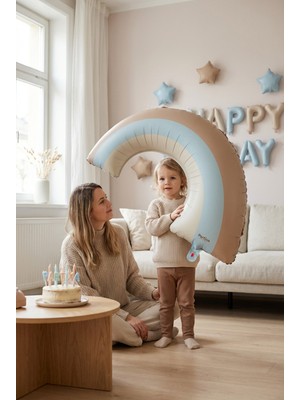 Partixa Mavi Gökkuşağı Retro Folyo Balon Doğum Günü Baby Shower Rainbow Temalı Konsept Parti Süsleme Vintage Dekorasyon Balonu