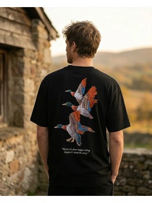 Can Moda Canmoda Unisex Siyah Sırtı Ördek Nakışlı Yazı Detaylı Oversize Tişört