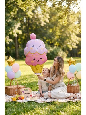 Partixa Külah Dondurma Figürlü Pembe Folyo Balon Kız Çocuk Doğum Günü Ice Cream Konsept Parti Süsleme