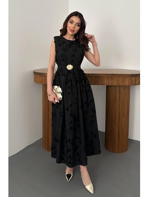 Maxi Modena Siyah 3D Brode Detaylı Elbise - Siyah