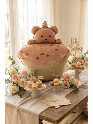 Partixa Ayıcık Figürlü Pembe Retro Cupcake Folyo Balon Baby Shower Doğum Günü Parti Süsü