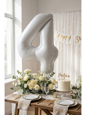 Partixa Beyaz 32 Inç Rakam 4 Folyo Balon 4 Yaş Doğum Günü Konsepti Sayı Balonu Helyum Uyumlu Parti Dekorasyon Süsleme