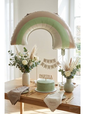 Partixa Yeşil Gökkuşağı Retro Folyo Balon Doğum Günü Baby Shower Rainbow Temalı Konsept Parti Süsleme Vintage Dekorasyon Balonu