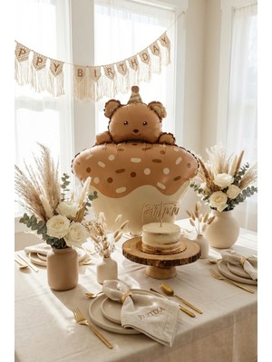 Partixa Ayıcık Figürlü Kahverengi Retro Cupcake Folyo Balon Baby Shower Doğum Günü Parti Süsü