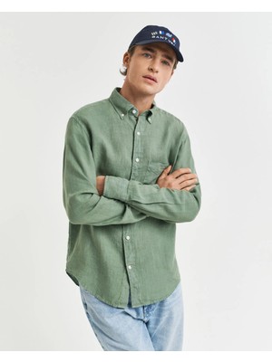 Gant Erkek Yeşil Regular Fit Düğmeli Yaka Keten Gömlek