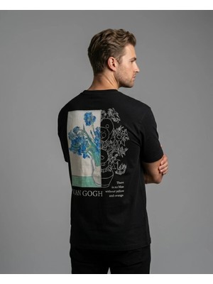 Can Moda Canmoda Unisex Siyah Oversize Van Gogh Iris ve Ayçiçeği Sırt Baskılı Tişört