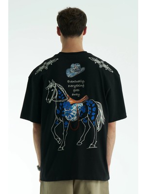 Can Moda Canmoda Unisex Siyah Sırtı Nakış Işlemeli Vintage At Figürlü Oversize Tişört