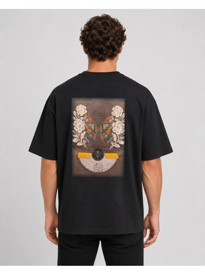 Can Moda Canmoda Etnik Kelebek Baskılı Oversize %100 Pamuk Siyah Unisex Tişört