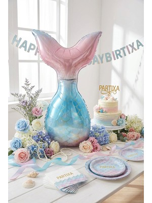 Partixa Pembe Mavi Denizkızı Kuyruğu Folyo Balon 50X81 cm Denizkızı Temalı Çocuk Doğum Günü Parti Süsü