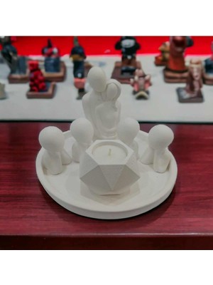 Dekoratif Sarılan Çift, 4 Adet Çocuk Figürü, Geometrik Mumluk ve Yuvarlak Stand